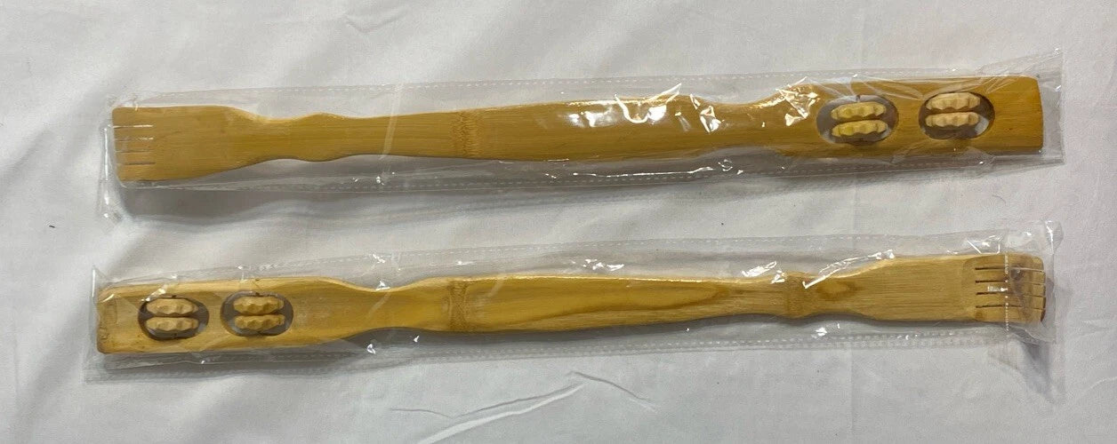 2 New Bamboo Back Scratcher Massager Wooden Body Stick Roller Backscratchers Set