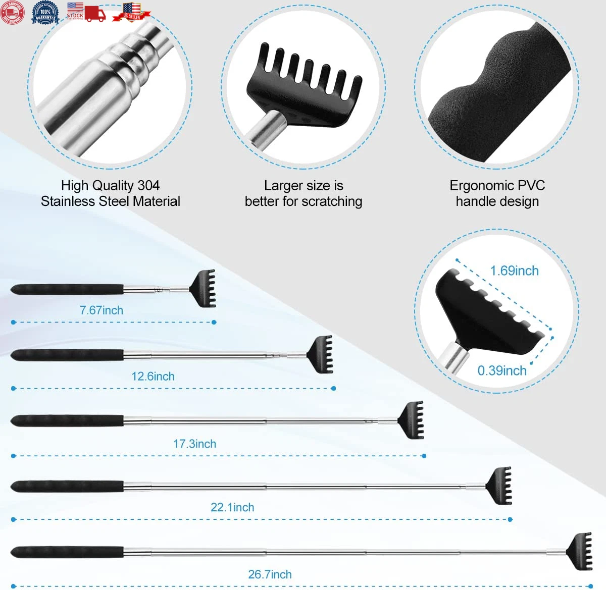 3 Pack Different Back Scratcher Metal Portable Telescoping with Rubber Handles