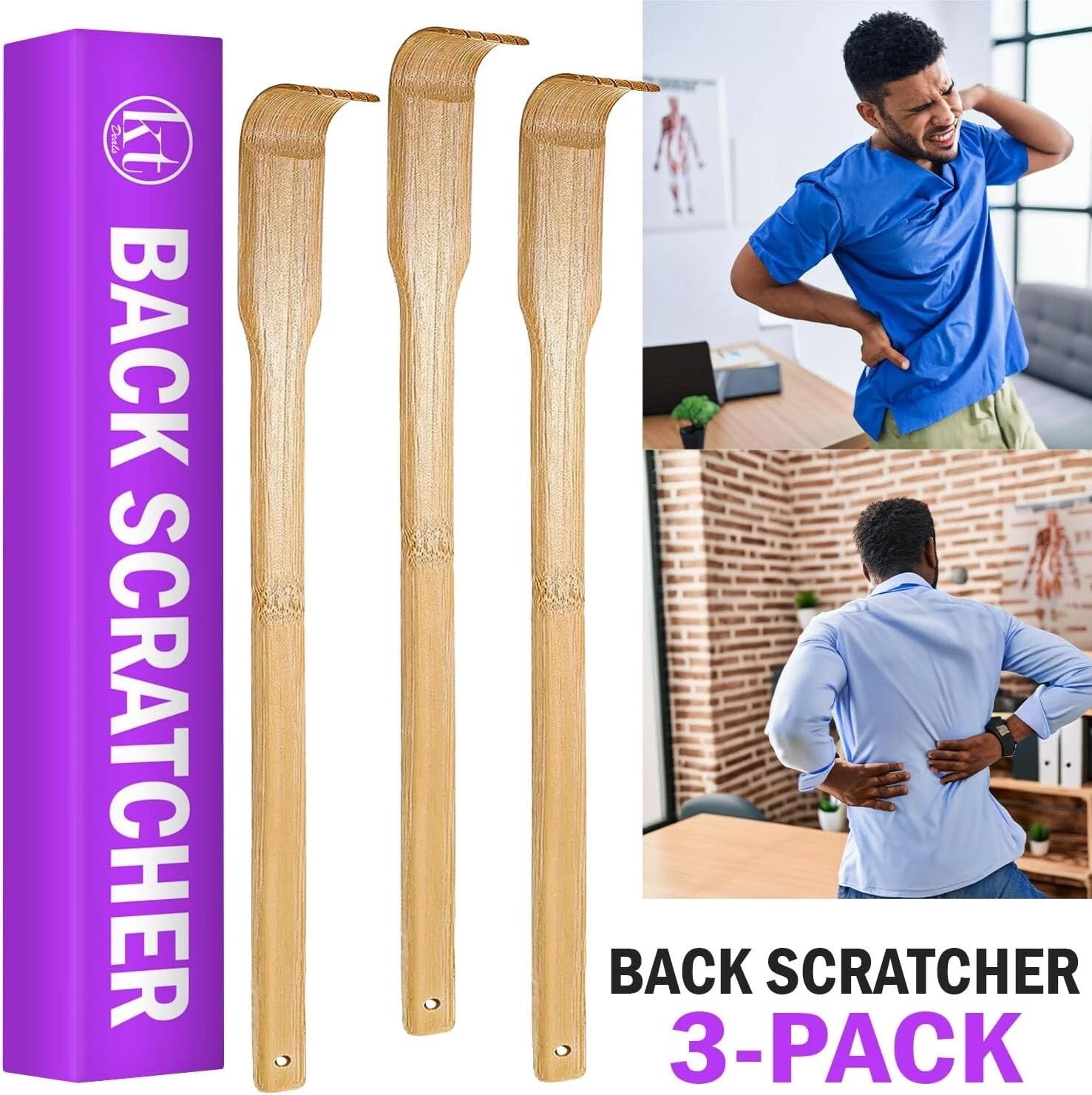 3pcs Wooden Back Scratcher Long Handle for Hard to Reach Self Pick Itch Relief