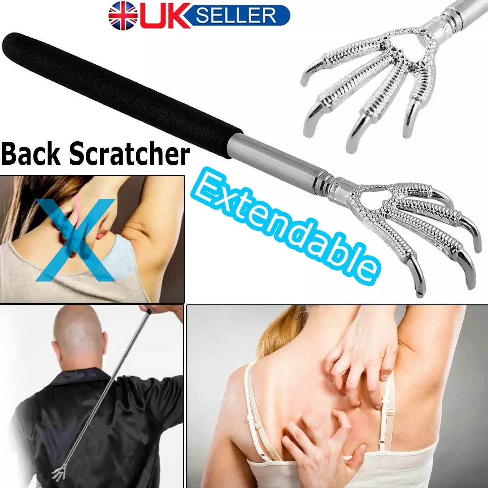 BEAR CLAW / RAKE BACK SCRATCHER METAL EXTENDING MASSAGER TELESCOPIC PORTABLE UK
