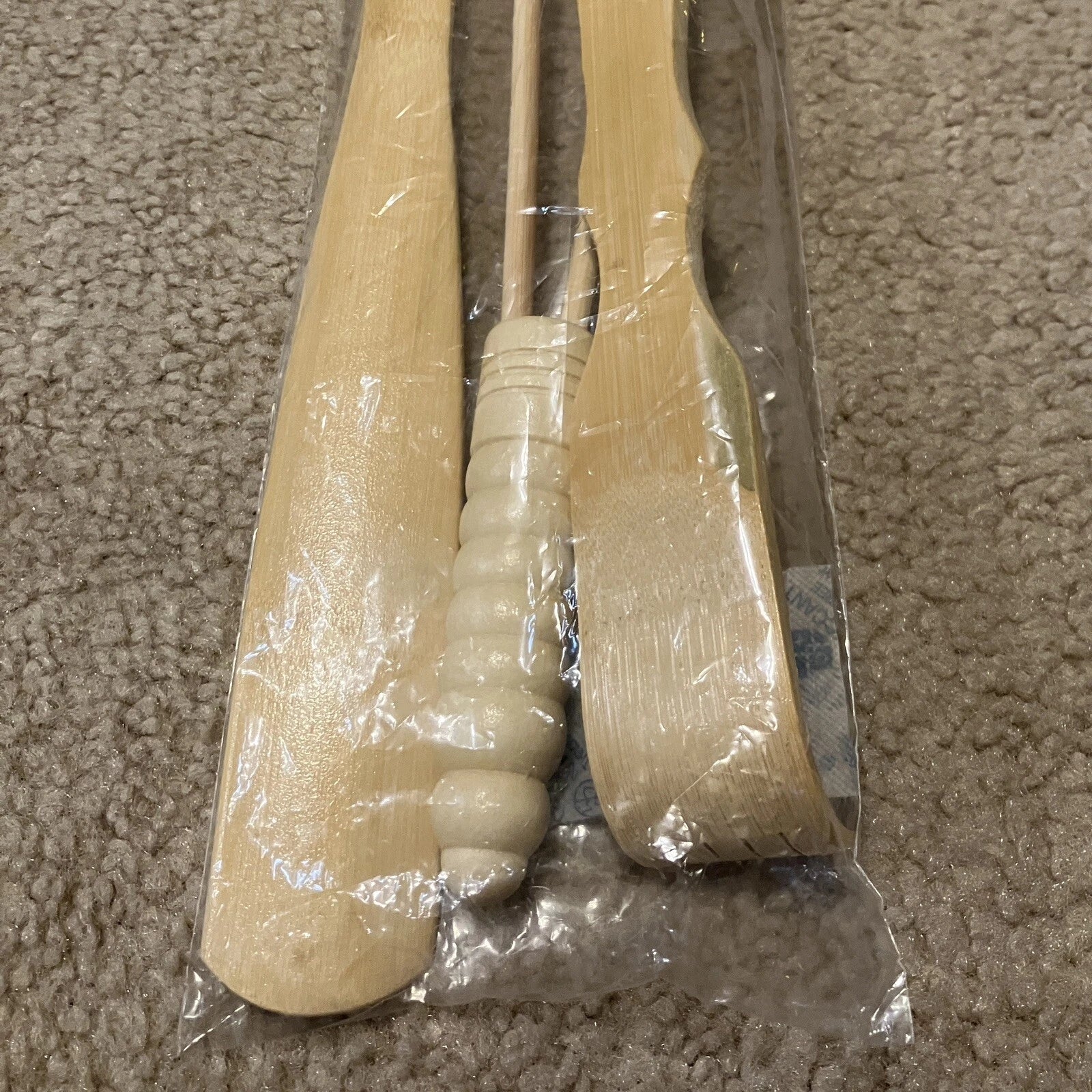 3 pc Bamboo Set: 13" Massage Hammer; 18" Back Scratcher w/ Rollers; 19" Shoehorn