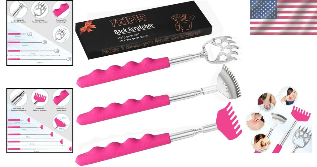 Extendable Back Scratcher Set – 3 Unique Designs for Ultimate Comfort in Pink
