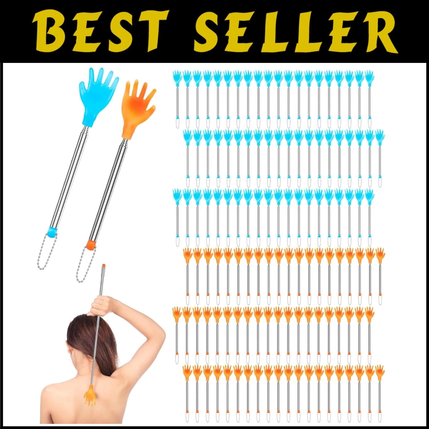 100 Pcs Extendable Back Scratchers - Hand-Shaped Massaging Tool in Blue & Yellow