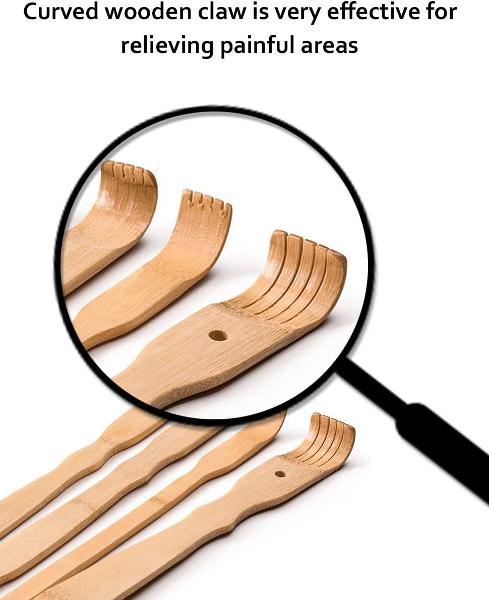 Traditional Bamboo Wooden Back Scratcher - 4 Piece Set, 17.5" Long Handle