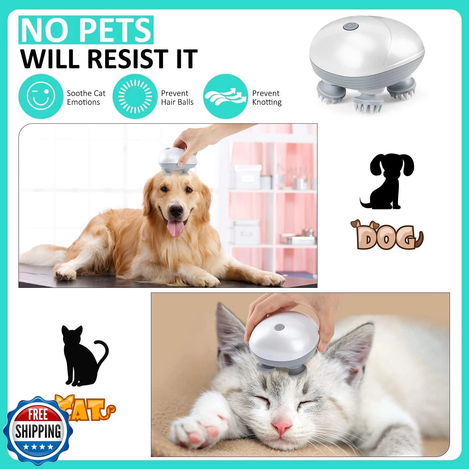 Electric Pet Massager for Dogs and Cats, Cordless Handheld Tool with 4 Massag