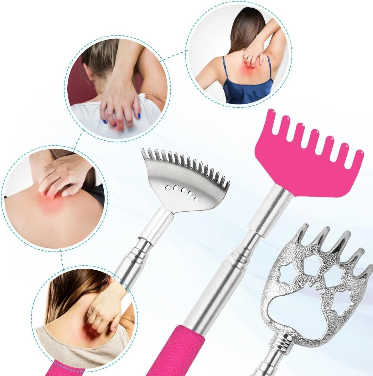 Extendable Back Scratcher Set – 3 Unique Designs for Ultimate Comfort in Pink
