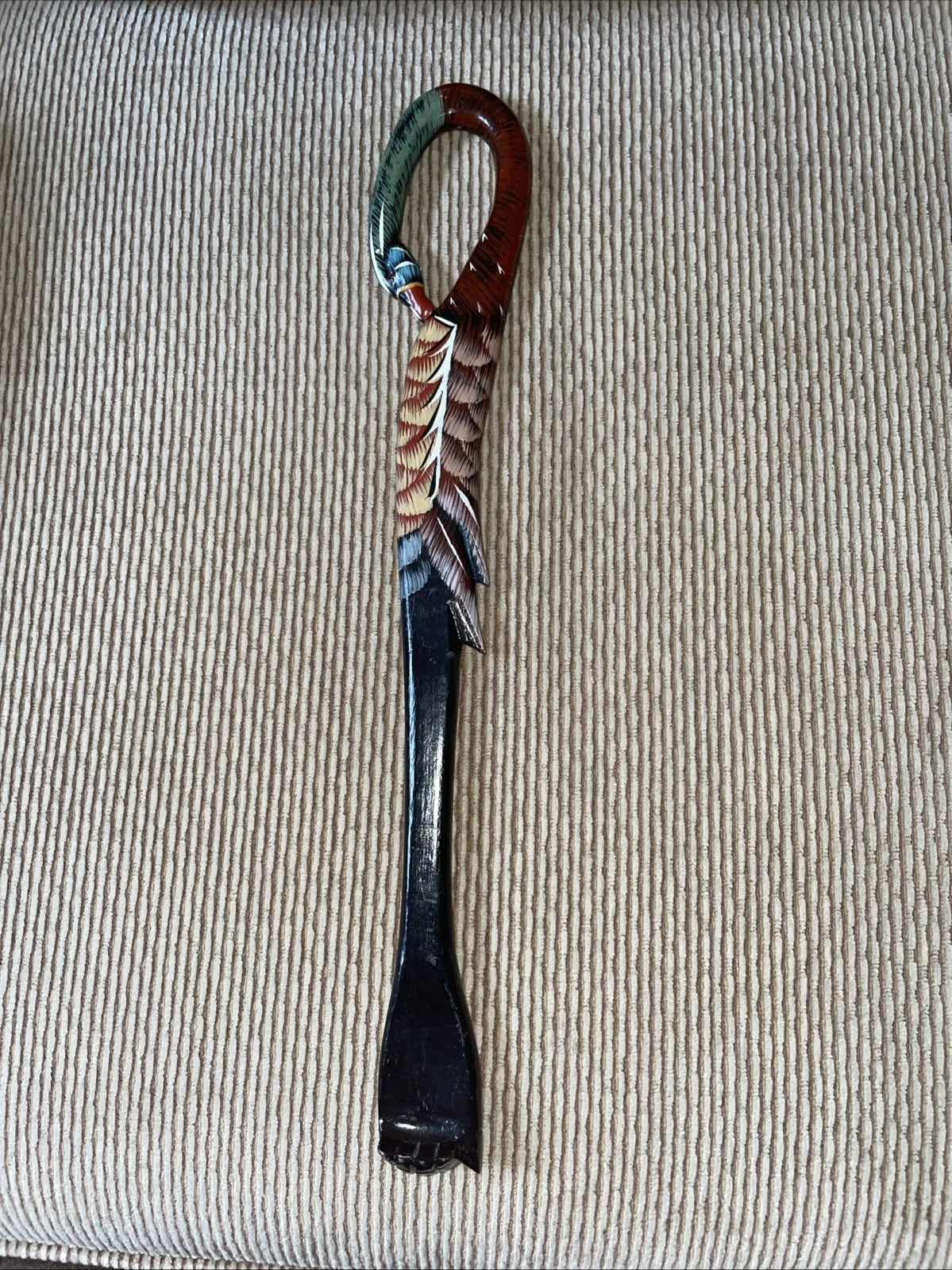 Hand Carved  Wooden Lacquered  Back Scratcher With Duck Figure 18”