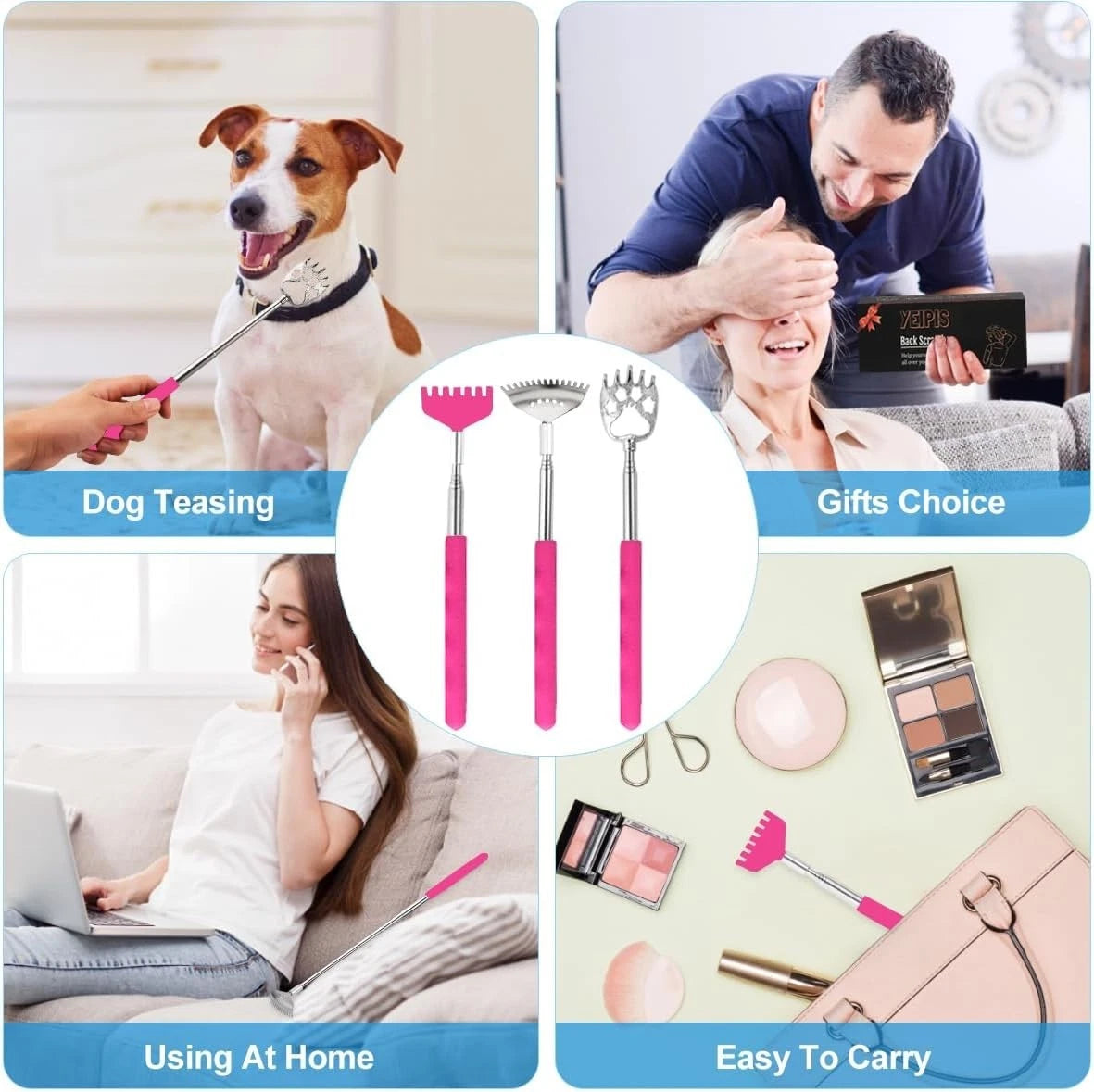 Extendable Back Scratcher Set – 3 Unique Designs for Ultimate Comfort in Pink