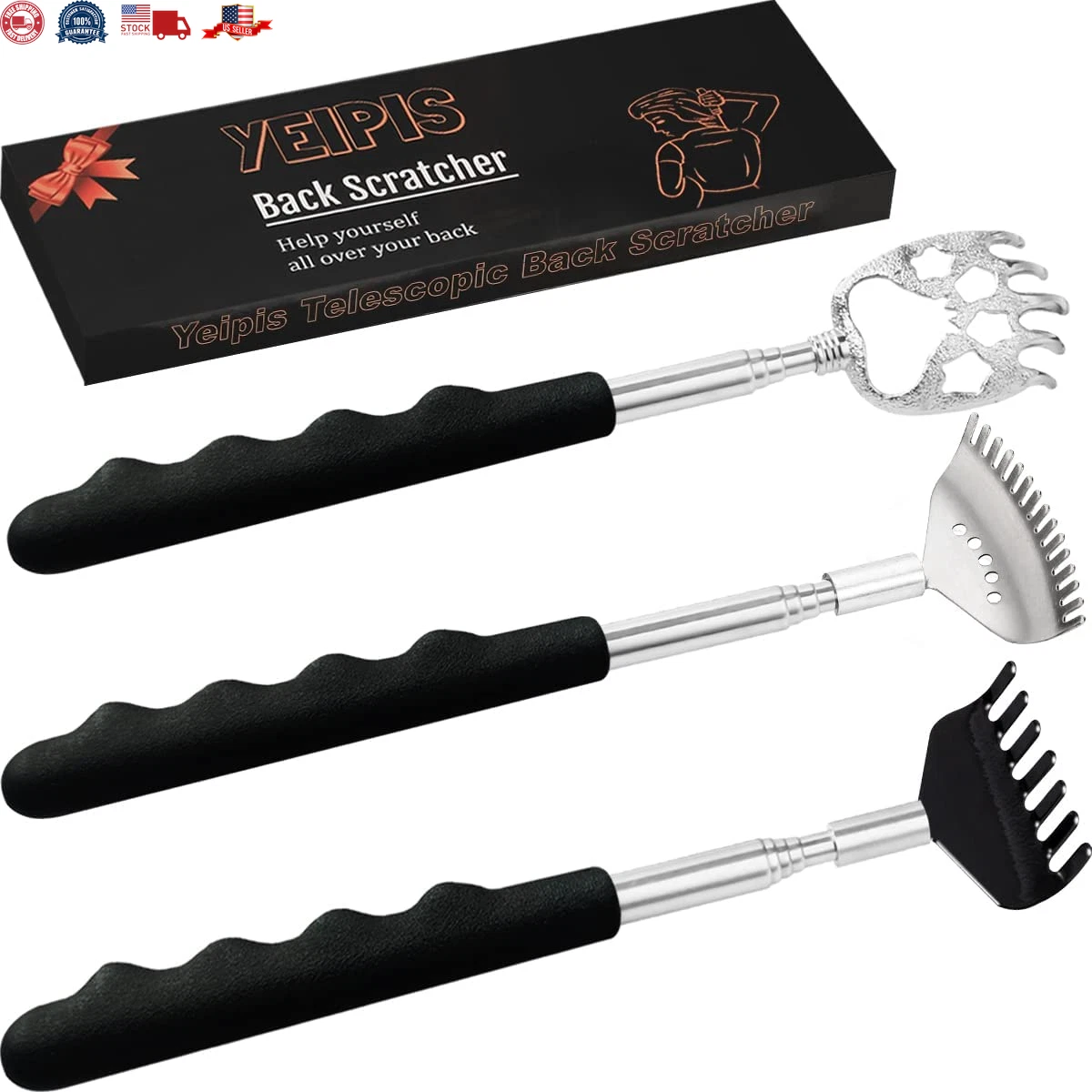 3 Pack Different Back Scratcher Metal Portable Telescoping with Rubber Handles