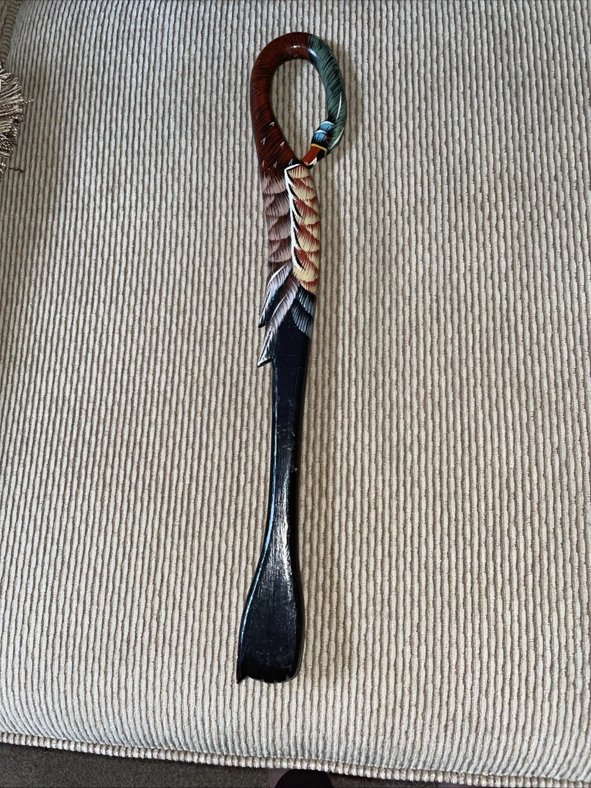Hand Carved  Wooden Lacquered  Back Scratcher With Duck Figure 18”