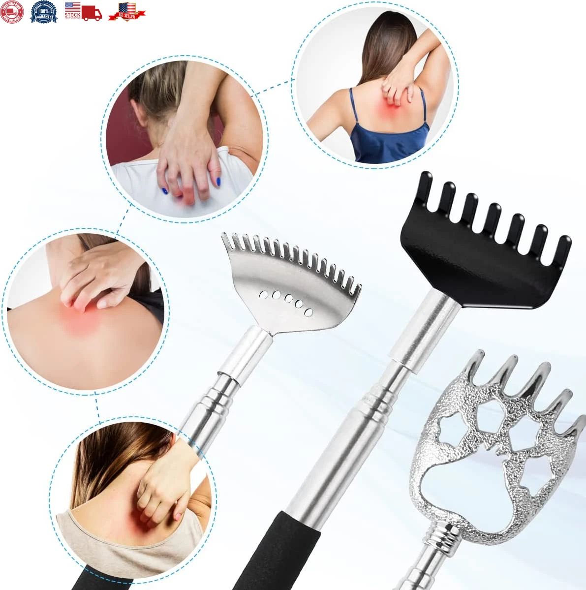 3 Pack Different Back Scratcher Metal Portable Telescoping with Rubber Handles