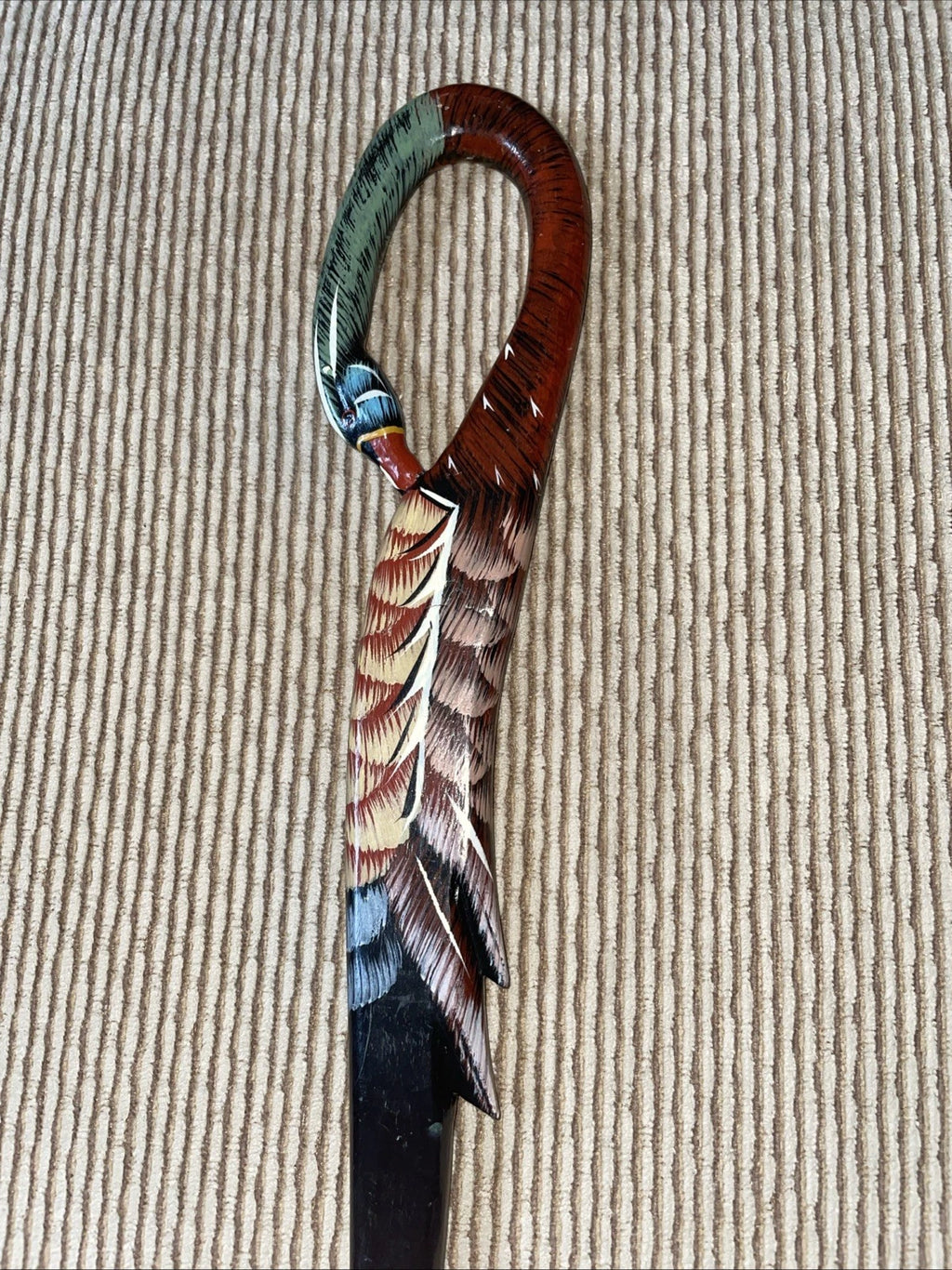 Hand Carved  Wooden Lacquered  Back Scratcher With Duck Figure 18”