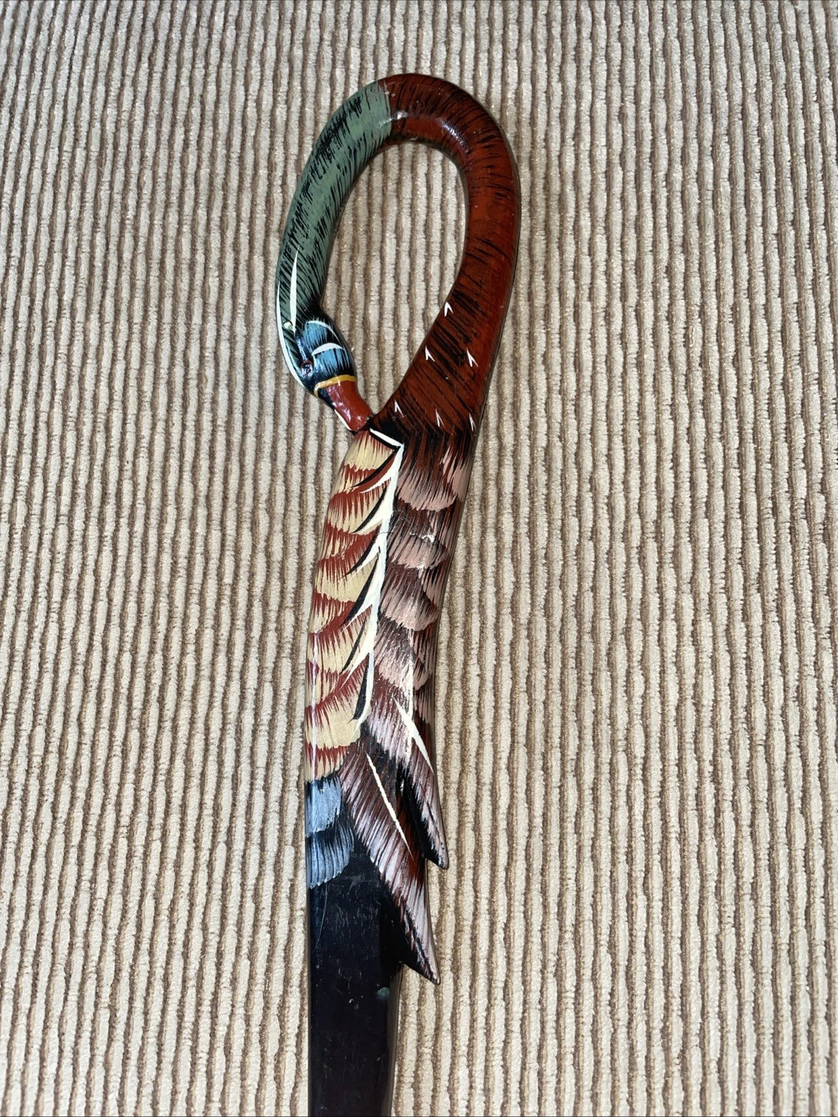 Hand Carved  Wooden Lacquered  Back Scratcher With Duck Figure 18”