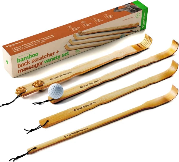 Traditional Bamboo Wooden Back Scratcher - 4 Piece Set, 17.5" Long Handle