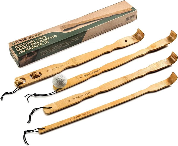 Traditional Bamboo Wooden Back Scratcher - 4 Piece Set, 17.5" Long Handle
