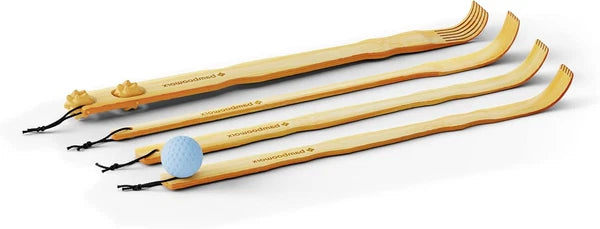 Traditional Bamboo Wooden Back Scratcher - 4 Piece Set, 17.5" Long Handle