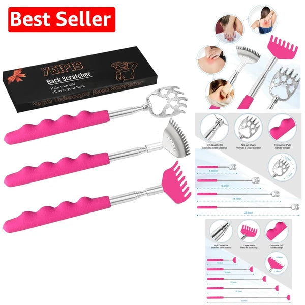 Extendable Back Scratcher Set – 3 Unique Designs for Ultimate Comfort in Pink